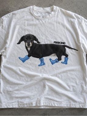 Gildan White T-shirt with Black Dachshund and Blue Boots Graphic